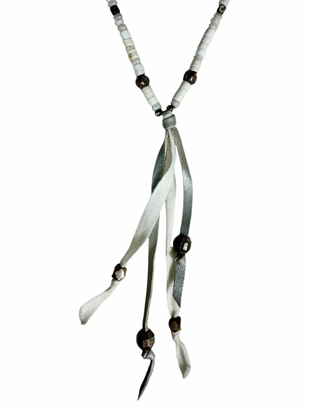 Chan Luu White Bead, Faceted Brass Tassel Pendant Necklace. BohoTribalFestival
